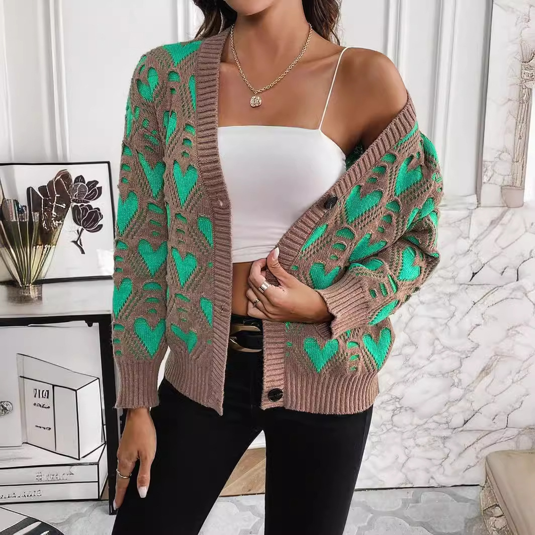 Loose laziness, contrasting color love knit sweater temperament single -breasted cardigan jacket