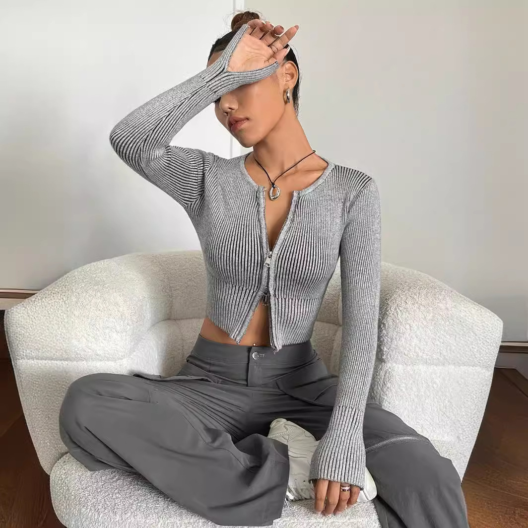 Retro autumn slim pits hot girl double open zipper sexy top girl